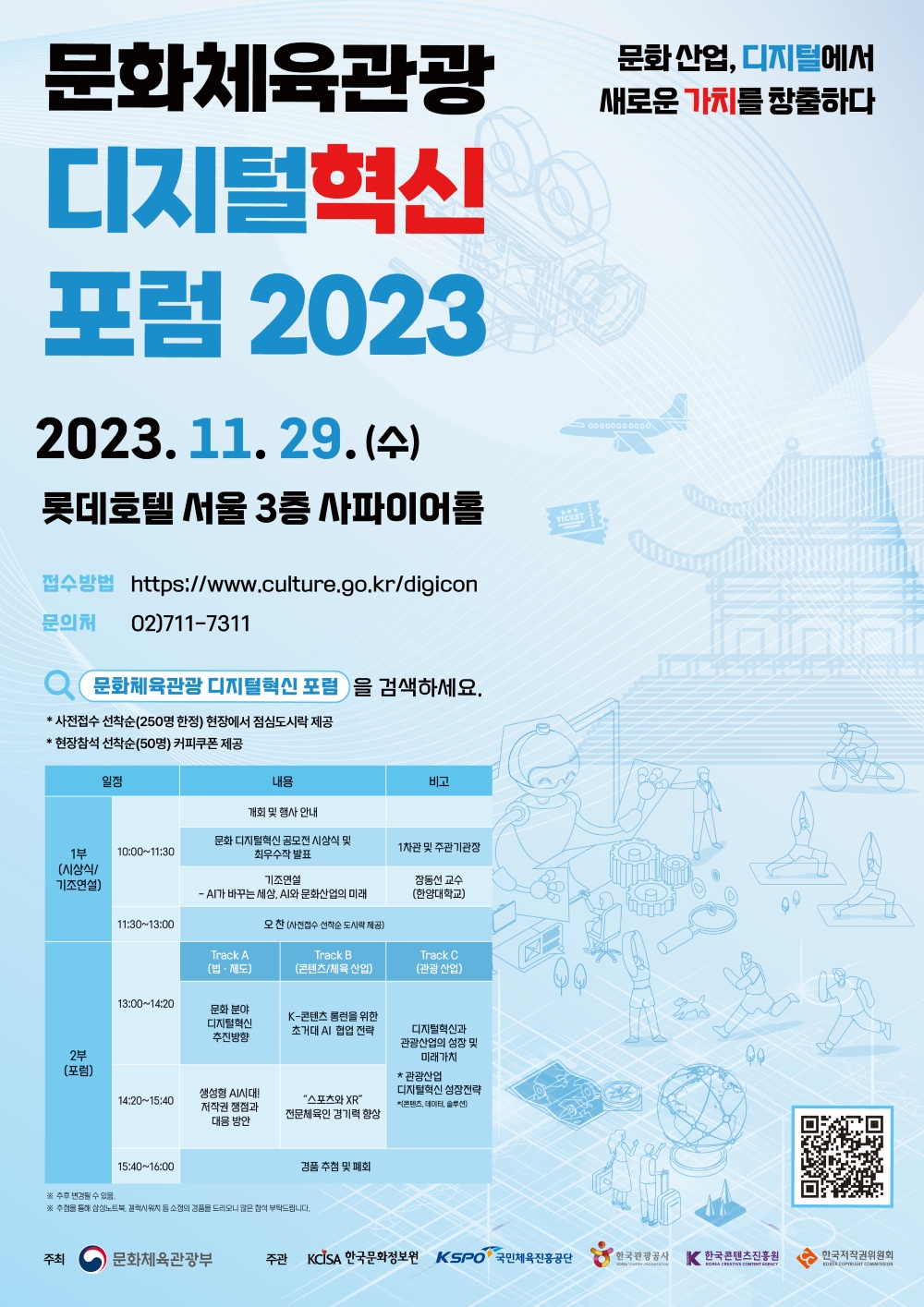 문화체육관광 디지털혁신 포럼 2023
문화산업, 디지털에서 새로운 가치를 창출하다
2023. 11. 29.(수)
롯데호텔 서울 3층 사파이어홀
접수방법 : https://www.culture.go.kr/digicon
문의처 : 02)711-7311
'문화체육관광 디지털혁신 포럼'을 검색하세요.
* 사전접수 선착순(250명 한정) 현장에서 점심도시락 제공
* 현장참석 선착순(50명) 커피쿠폰 제공
일정 | 내용 | 비고(표)
1부(시상식/기조연설) - 10:00~11:30 | 개회 및 행사 안내
1부(시상식/기조연설) - 10:00~11:30 | 문화 디지털혁신 공모전 시상식 및 최우수작 발표 | 1차관 및 주관기관장
1부(시상식/기조연설) - 10:00~11:30 | 기조연설 - AI가 바꾸는 세상, AI와 문화산업의 미래 | 장동선 교수(한양대학교)
1부(시상식/기조연설) - 11:30~13:00 | 오찬(사전접수 선착순 도시락 제공)
2부(포럼) - 13:00~14:20 | Track A(법·제도) | Track B(콘텐츠/체육 산업) | Track C(관광 산업)
2부(포럼) - 13:00~14:20 | 문화 분야 디지털혁신 추진방향 | K-콘텐츠 롱런을 위한 초거대 AI 협업 전략 | 디지털혁신과 관광산업의 성장 및 미래가치 * 관광산업 디지털혁신 성장전략 * (콘텐츠, 데이터, 솔루션)
2부(포럼) - 14:20~15:40 | 생성형 AI시대! 저작권 쟁점과 대응 방안 | '스포츠와 XR' 전문체육인 경기력 향상
2부(포럼) - 15:40~16:00 | 경품 추첨 및 폐회
※ 추후 변경될 수 있음.
※ 추첨을 통해 삼성노트북, 갤럭시워치 등 소정의 경품을 드리오니 많은 참석 부탁드립니다.
QR코드 링크 : https:culture.go.kr/digicon/sub02/sub01.php
주최 : 문화체육관광부 / 주관 : 한국문화정보원, 국민체육진흥공단, 한국관광공사, 한국콘텐츠진흥원, 한국저작권위원회