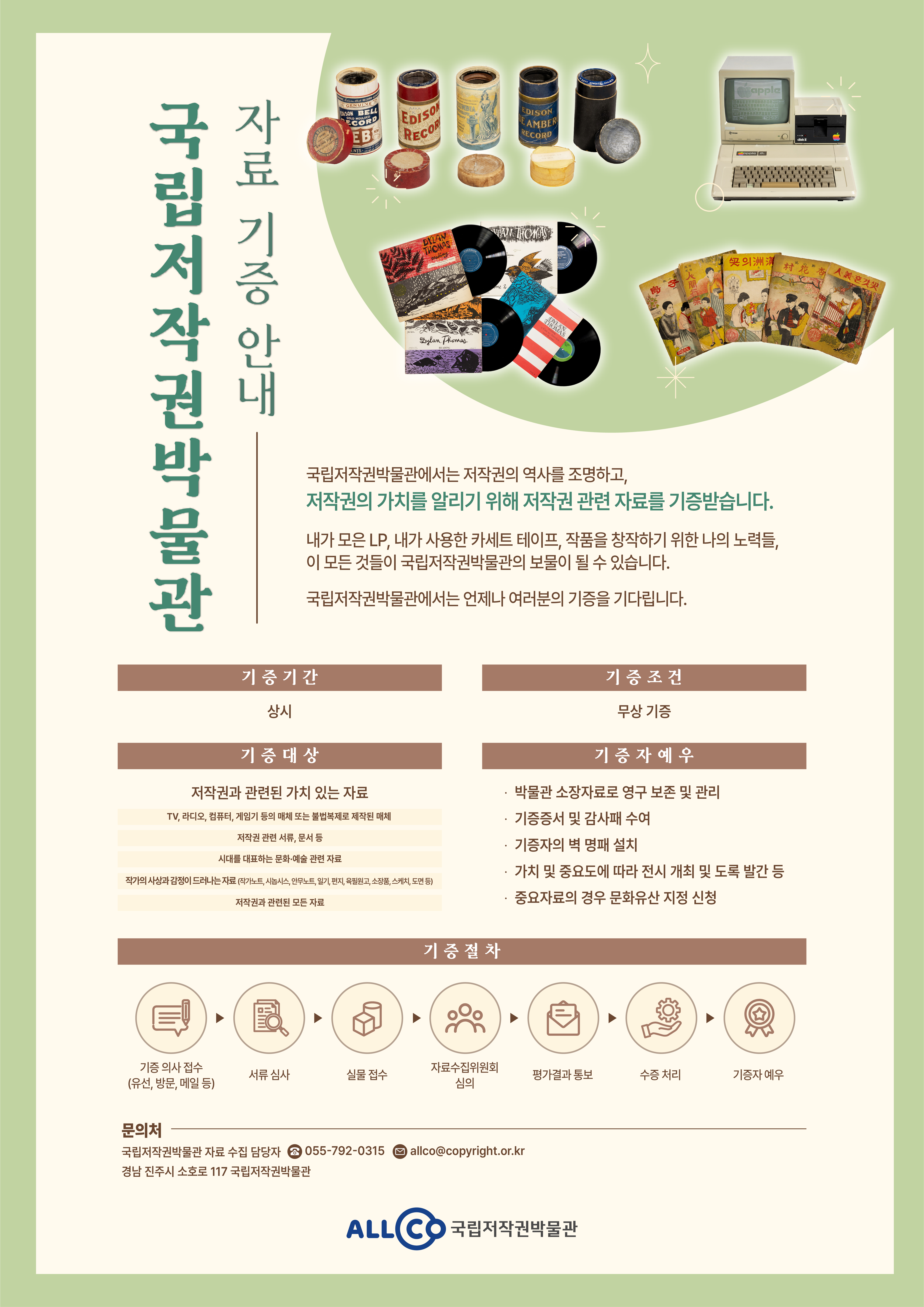 
		국립저작권박물관 자료 기증 안내
		국립저작권박물관에서는 저작권의 역사를 조명하고,
		저작권의 가치를 알리기 위해 저작권 관련 자료를 기증받습니다.
		내가 모은 LP, 내가 사용한 카세트 테이프, 작품을 창작하기 위한 나의 노력들,
		이 모든 것들이 국립저작권박물관의 보물이 될 수 있습니다.
		- 기증기간 : 상시
		- 기증조건 : 무상 기증
		- 기증대상 : 저작권과 관련된 가치 있는 자료
		(TV, 라디오, 컴푸터, 게임기 등의 매체 또는 불법복제로 제작된 매체
		/ 저작권 관련 서류, 문서 등 / 시대를 대표하는 문화·예술 관련 자료
		/ 작가의 사상과 감정이 드러나는 자료(작가노트, 시놉시스, 안무노트, 일기, 편지, 육필원고, 소장품, 스케치, 도면 등)
		/ 저작권과 관련된 모든 자료)
		- 기증자예우 : 박물관 소장자료로 영구 보존 및 관리, 기증증서 및 감사패 수여, 기증자의 벽 명패 설치,
		가치 및 중요도에 따라 전시 개최 및 도록 발간 등, 중요자료의 경우 문화유산 지정 신청
		- 기증절차 : 기증 의사 접수(유선, 방문, 메일 등) > 서류 심사 > 실물 접수 > 자료수집위원회 심의
		> 평가결과 통보 > 수증 처리 > 기증자 예우
		문의처 : 국립저작권박물관 자료 수집 담당자 / 전화 055-792-0315 / 이메일 allco@copyright.or.kr
		경남 진주시 소호로 117 국립저작권박물관
		ALLCO 국립저작권박물관
	
