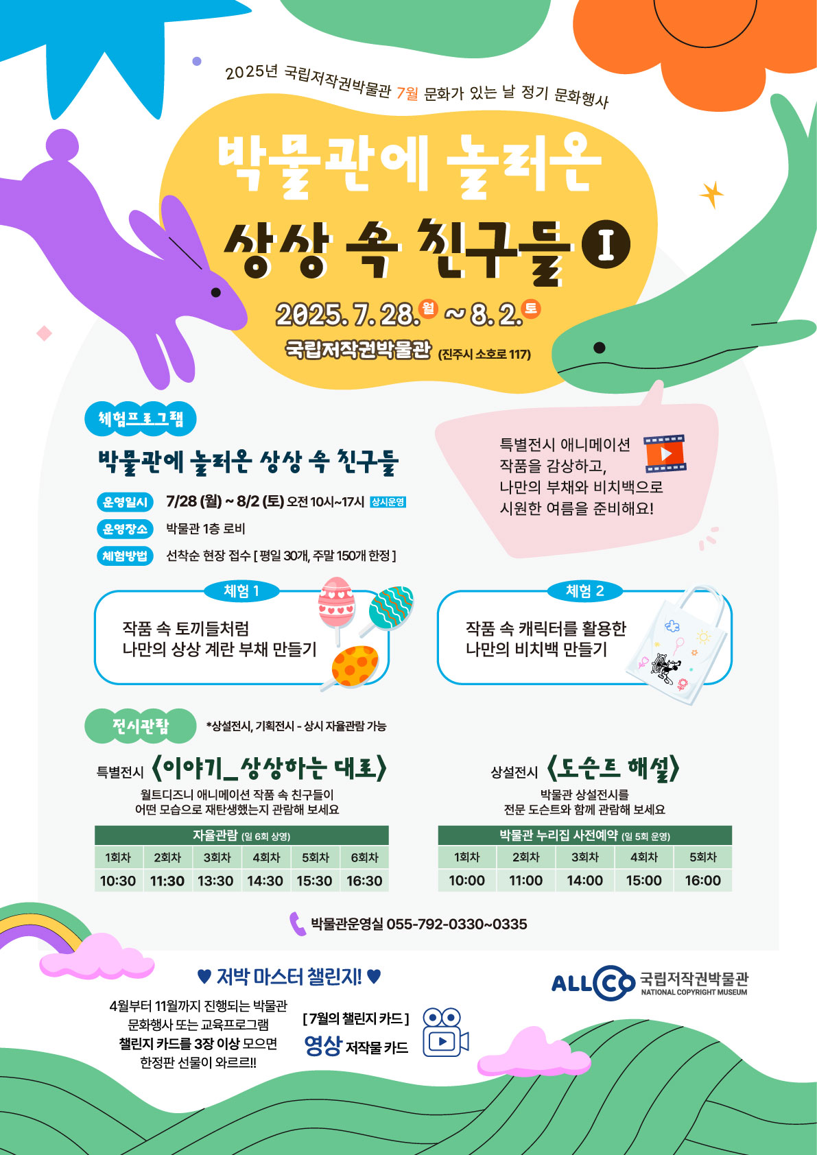 2025년 국립저작권박물관 7월 문화가 있는 날 정기 문화행사 박물관에 놀러온 상상 속 친구들 I 운영일시 2025년 7월 28일 월요일부터 8월 2일 토요일, 오전 10시부터 오후 5시까지 운영장소 국립저작권박물관(진주시 소호로 117) 체험프로그램 박물관에 놀러 온 상상 속 친구들 운영장소 박물관 1층 로비 체험방법 선착순 현장접수 (평일 30개, 주말 150개 한정) 체험1 작품 속 토끼들처럼 나만의 상상 계란 부채 만들기 체험2 작품 속 캐릭터를 활용한 나만의 비치백 만들기 전시관람 *상설전시, 기획전시 상시 자율관람 가능 특별전시 <이야기_상상하는 대로> 운영내용 자율관람 일 6회 상영(10시 30분, 11시 30분, 13시 30분, 14시 30분, 15시 30분, 16시 30분) 전시내용 월트디즈니 애니메이션 작품 속 친구들이 어떤 모습으로 재탄생했는지 관람해 보세요 상설전시 <도슨트 해설> 운영내용박물관 누리집 사전예약 일 5회 운영 (10시,11시, 14시, 15시, 16시) 박물관 상설전시를 전문 도슨트와 함께 관람해 보세요 문의 박물관 운영실 055-792-0330~0335 저박 마스터 챌린지! 4월부터 11월까지 진행되는 박물관 문화행사 도는 교육프로그램 챌린지 카드를 3장 이상 모으면 한정판 선물이 와르르!! 7월의 챌린지 카드: 영상 저작물 카드 (토끼와 고래가 상단 로고에 양 옆에 배치, 고래 말풍선: 특별전시 애니메이션 작품을 감상하고, 나만의 부채와 비치백으로 시원한 여름을 준비해요!)