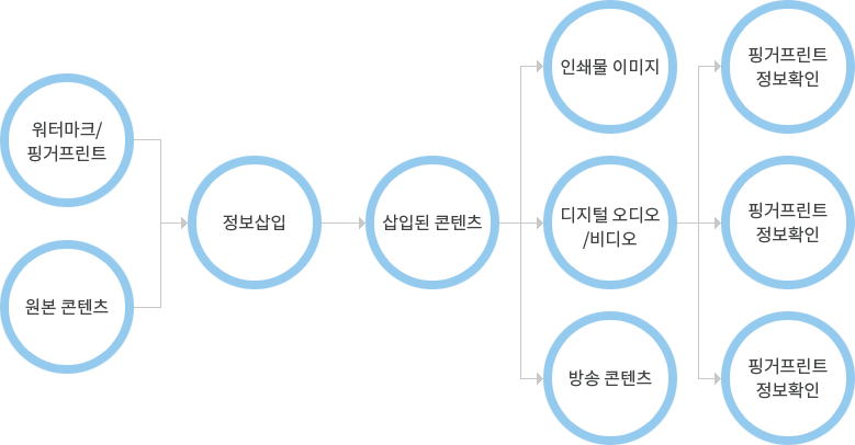 1.워터마크/핑거프린트, 원본 콘텐츠 2.정보삽입 3.삽입된 콘텐츠 4.인쇄물 이미지,디지털 오디오/비디오,방송 콘텐츠 5.핑거프린트 정보확인,핑거프린트 정보확인,핑거프린트 정보확인
