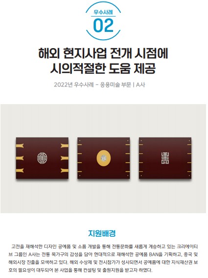 우수사례 02 해외 현지사업 전개 시점에 시의적절한 도움 제공 2022년 우수사례 응용미술부문 A사 지원배경 고전을 재해석한 디자인 공예품 및 소품 개발을 통해 전통문화를 새롭게 계승하고 있는 크리에이티브 그룹인 A사는 전통 목가구의 감성을 담아 현대적으로 재해석한 공예품 BAN을 기획하고, 중국 및 해외시장 진출을 모색하고 있다. 해외 수상제 및 전시참가가 성사되면서 공예품에 대한 지식재산권 보호의 필요성이 대두되어 본 사업을 통해 컨설팅 및 출원지원을 받고자 하였다.