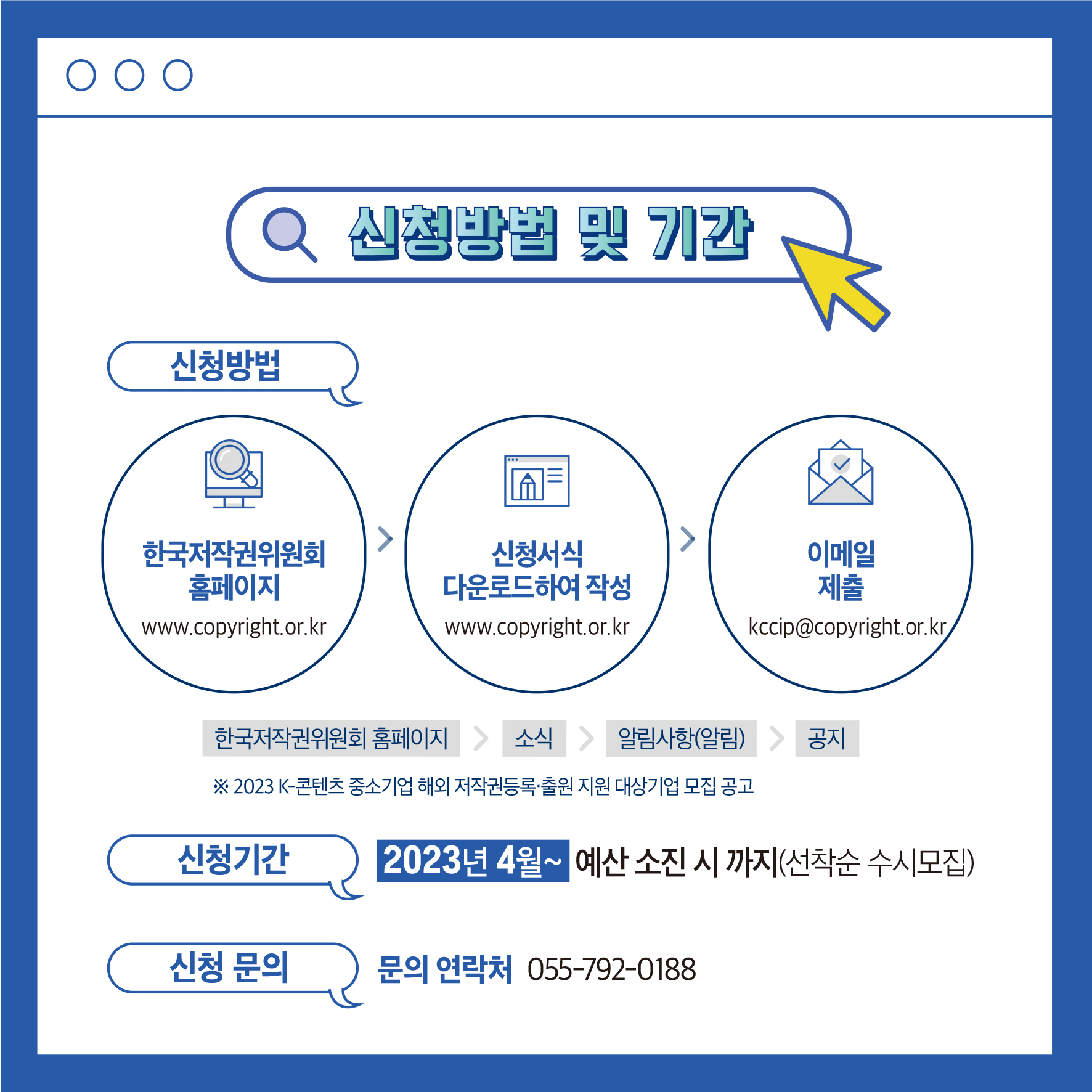 신청방법 및 기간 한국저작권위원회 홈페이지 신청서식 이메일 다운로드하여 작성 제출 www.copyright.or.kr www.copyright.or.kr kccip@copyright.or.kr, 한국저작권위원회 홈페이지> 소식> 알림사항(알림)> 공지 ※2023 K-콘텐츠 중소기업 해외 저작권등록출원 지원 대상기업 모집공고 신청기간 2023년 4월~ 예산 소진 시까지(선착순 수시모집) 신청 문의 문의 연락처 055-792-0188