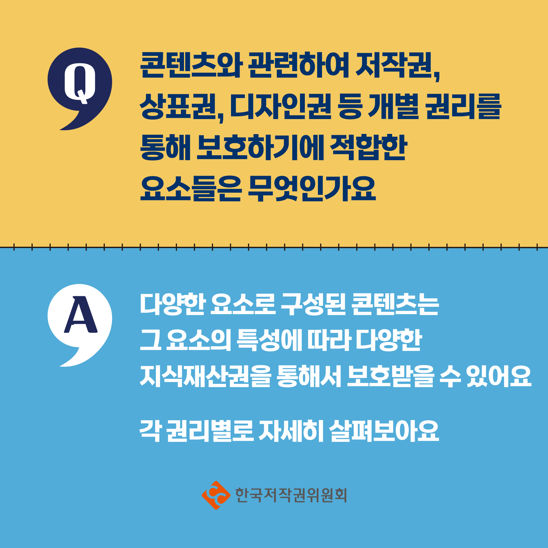 Q 콘텐츠와 관련하여 저작권, 상표권, 디자인권 등 개별 권리를 통해 보호하기에 적합한 요소들은 무엇인가요 다양한 요소로 구성된 콘텐츠는 그 요소의 특성에 따라 다양한 지식재산권을 통해서 보호받을 수 있어요 각 권리별로 자세히 살펴보아요 ・한국저작권위원회