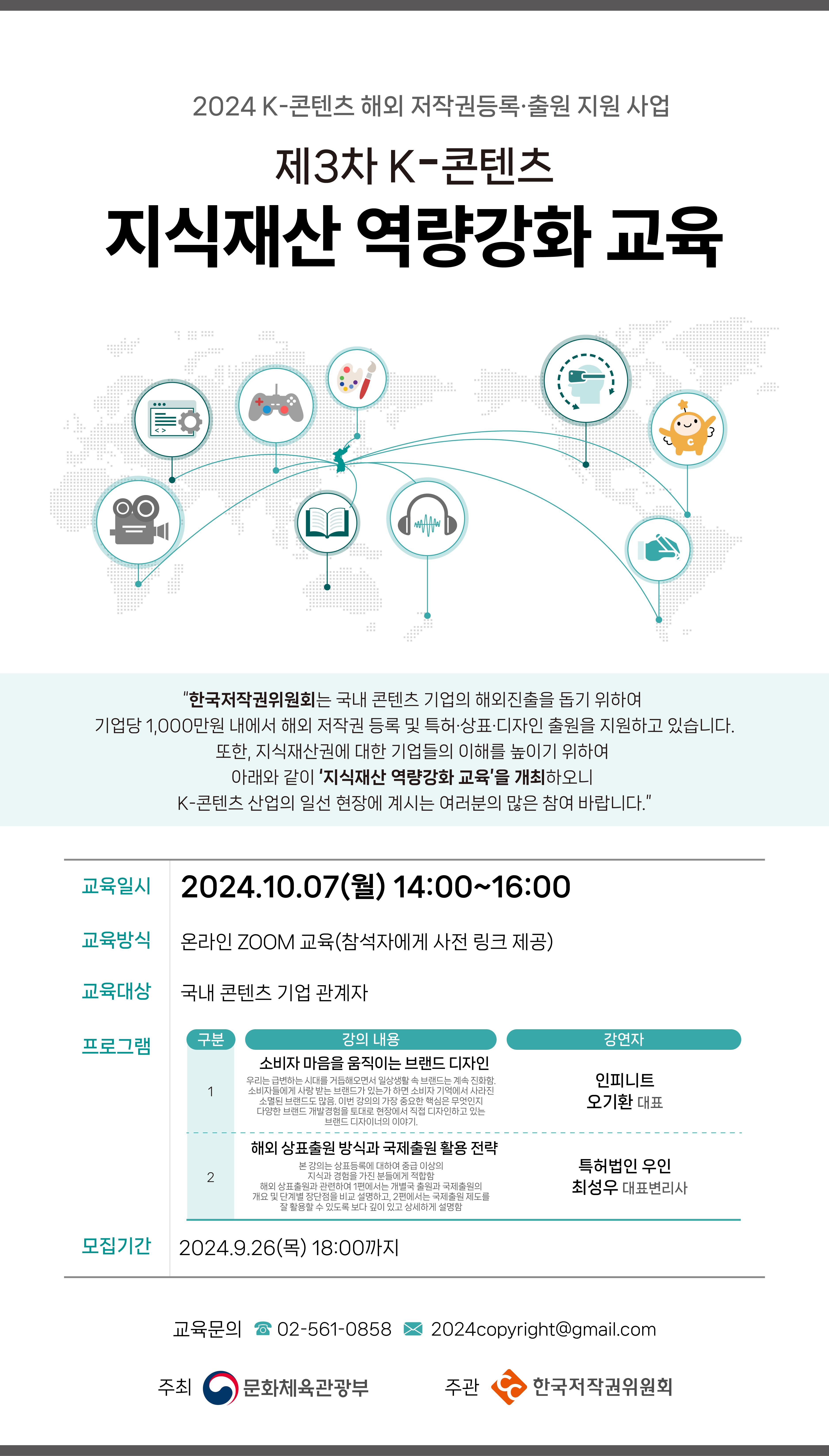 2024 K-콘텐츠 해외 저작권등록출원 지원 사업 제3차 K-콘텐츠 지식재산 역량강화 교육  "한국저작권위원회는 국내 콘텐츠 기업의 해외진출을 돕기 위하여 기업당 1,000만원 내에서 해외 저작권 등록 및 특허·상표·디자인 출원을 지원하고 있습니다. 또한, 지식재산권에 대한 기업들의 이해를 높이기 위하여 아래와 같이 '지식재산 역량강화 교육'을 개최하오니 K-콘텐츠 산업의 일선 현장에 계시는 여러분의 많은 참여 바랍니다." 교육일시 2024.10.07(월) 14:00~16:00 교육방식 온라인 ZOOM 교육(참석자에게 사전 링크 제공) 교육대상 국내 콘텐츠 기업 관계자 프로그램 구분 강의 내용 소비자 마음을 움직이는 브랜드 디자인 강연자 인피니트 1 우리는 급변하는 시대를 거듭해오면서 일상생활 속 브랜드는 계속 진화함. 소비자들에게 사랑받는 브랜드가 있는가 하면 소비자 기억에서 사라진 소멸된 브랜드도 많음. 이번 강의의 가장 중요한 핵심은 무엇인지 다양한 브랜드 개발경험을 토대로 현장에서 직접 디자인하고 있는 브랜드 디자이너의 이야기. 해외상표출원 방식과 국제출원 활용 전략 본 강의는 상표등록에 대하여 중급 이상의 지식과 경험을 가진 분들에게 적합함 오기환 대표 특허법인 우인 2 해외상표출원과 관련하여 1편에서는 개별국 출원과 국제출원의 개요 및 단계별 장단점을 비교 설명하고, 2편에서는 국제출원 제도를 잘 활용할 수 있도록 보다 깊이 있고 상세하게 설명함 최성우 대표변리사 모집기간 2024.9.26(목) 18:00까지 교육문의 02-561-08582024copyright@gmail.com 주최 문화체육관광부 주관 한국저작권위원회