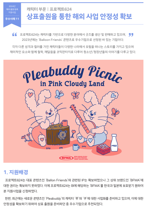 프로젝트624는 캐릭터를 기반으로 다양한 분야에서 굿즈를 생산 및 판매하고 있으며,  2023년에는 ‘Balloon Friends’ 콘텐츠로 우수기업으로 선정된 바 있는 기업이다.  