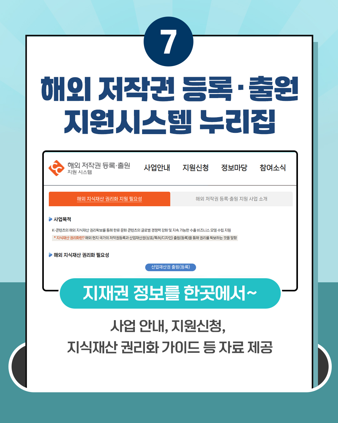 7 해외 저작권 등록·출원 지원시스템 누리집 해외저작권 등록출원 지원 시스템 사업안내 지원신청 정보마당 참여소식 해외 지식재산 권리화 지원 필요성 해외 저작권 등록·출원 지원 사업 소개 ▶ 사업목적 K-콘텐츠의 해외 지식재산권리확보를 통해 한류 문화 콘텐츠의 글로벌 경쟁력 강화 및 지속가능한 수출 비즈니스모델 수립 지원 *지식재산권리화란? 해외 현지 국가의 저작권등록과 산업재산권(상표/특허/디자인) 출원(등록)을 통해 권리를 확보하는 것을 말함 ▶ 해외 지식재산권리화 필요성 산업재산권 출원(등록) 지재권 정보를 한곳에서~ 사업안내, 지원신청, 지식재산권리화 가이드 등 자료 제공