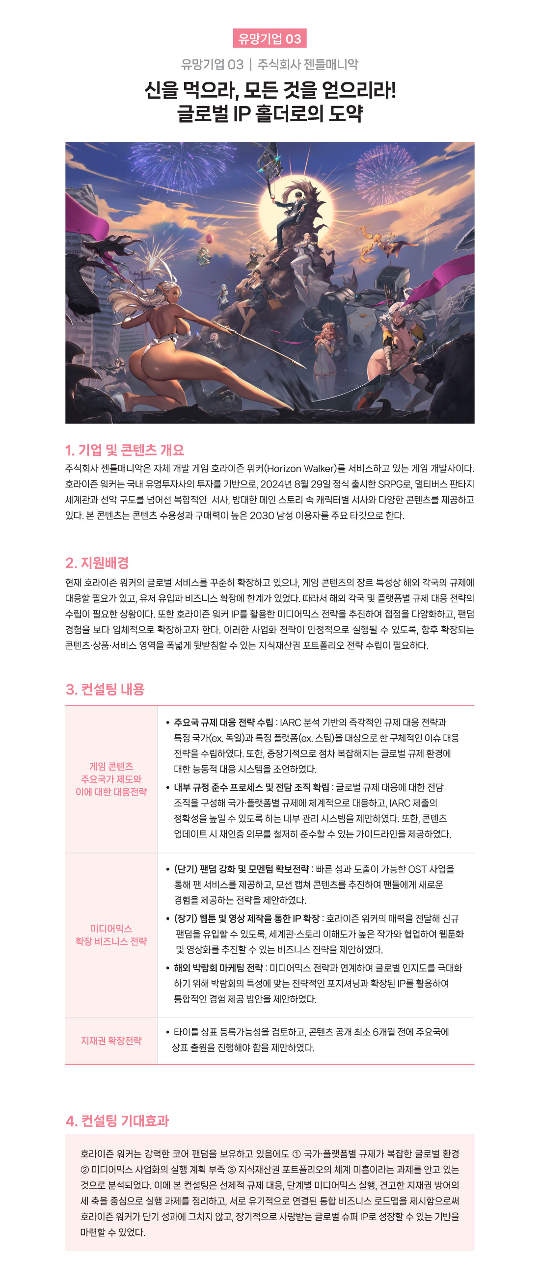  유망기업 03 주식회사 젠틀매니악 신을 먹으라, 모든 것을 얻으리라! 글로벌 IP홀더로의 도약 1. 기업 및 콘텐츠 개요 주식회사 젠틀매니악은 자체 개발 게임 호라이즌 워커(Horizon Walker)를 서비스하고 있는 게임 개발사이다. 호라이즌 워커는 국내 유명투자사의 투자를 기반으로, 2024년 8월 29일 정식 출시한 SRPG로, 멀티버스 판타지 세계관과 선악구도를 넘어선 복합적인 서사, 방대한 메인 스토리 속 캐릭터별 서사와 다양한 콘텐츠를 제공하고 있다. 본 콘텐츠는 콘텐츠 수용성과 구매력이 높은 2030 남성 이용자를 주요 타깃으로 한다. 2. 지원배경 현재 호라이즌 워커의 글로벌 서비스를 꾸준히 확장하고 있으나, 게임 콘텐츠의 장르 특성상 해외 각국의 규제에 대응할 필요가 있고, 유저 유입과 비즈니스 확장에 한계가 있었다. 따라서 해외 각국 및 플랫폼별 규제 대응 전략의 수립이 필요한 상황이다. 또한 호라이즌 워커 IP를 활용한 미디어믹스 전략을 추진하여 접점을 다양화하고, 팬덤 경험을 보다 입체적으로 확장하고자 한다. 이러한 사업화 전략이 안정적으로 실행될 수 있도록, 향후 확장되는 콘텐츠&middot;상품&middot;서비스 영역을 폭넓게 뒷받침할 수 있는 지식재산권 포트폴리오 전략 수립이 필요하다. 3. 컨설팅 내용 1) 게임 콘텐츠 주요국가 제도와 이에 대한 대응전략 - 주요국 규제 대응 전략 수립 : IARC 분석 기반의 즉각적인 규제 대응 전략과 특정 국가(ex. 독일)과 특정 플랫폼(ex. 스팀)을 대상으로 한 구체적인 이슈 대응 전략을 수립하였다. 또한, 중장기적으로 점차 복잡해지는 글로벌 규제 환경에 대한 능동적 대응 시스템을 조언하였다. - 내부 규정 준수 프로세스 및 전담 조직 확립 : 글로벌 규제 대응에 대한 전담 조직을 구성해 국가&middot;플랫폼별 규제에 체계적으로 대응하고, IARC 제출의 정확성을 높일 수 있도록 하는 내부 관리 시스템을 제안하였다. 또한, 콘텐츠 업데이트 시 재인증 의무를 철저히 준수할 수 있는 가이드라인을 제공하였다. 2) 미디어믹스 확장 비즈니스 전략 - (단기) 팬덤 강화 및 모멘텀 확보전략 : 빠른 성과 도출이 가능한 OST 사업을 통해 팬 서비스를 제공하고, 모션 캡쳐 콘텐츠를 추진하여 팬들에게 새로운 경험을 제공하는 전략을 제안하였다. - (장기) 웹툰 및 영상 제작을 통한 IP 확장 : 호라이즌 워커의 매력을 전달해 신규 팬덤을 유입할 수 있도록, 세계관&middot;스토리 이해도가 높은 작가와 협업하여 웹툰화 및 영상화를 추진할 수 있는 비즈니스 전략을 제안하였다. - 해외 박람회 마케팅 전략 : 미디어믹스 전략과 연계하여 글로벌 인지도를 극대화 하기 위해 박람회의 특성에 맞는 전략적인 포지셔닝과 확장된 IP를 활용하여 &bull;통합적인 경험 제공 방안을 제안하였다. 3) 지재권 확장전략 : 타이틀 상표 등록가능성을 검토하고, 콘텐츠 공개 최소 6개월 전에 주요국에 상표 출원을 진행해야 함을 제안하였다. 4. 컨설팅 기대효과 호라이즌 워커는 강력한 코어 팬덤을 보유하고 있음에도 1 국가&middot;플랫폼별 규제가 복잡한 글로벌 환경 2 미디어믹스 사업화의 실행 계획 부족 3 지식재산권 포트폴리오의 체계 미흡이라는 과제를 안고 있는 것으로 분석되었다. 이에 본 컨설팅은 선제적 규제 대응, 단계별 미디어믹스 실행, 견고한 지재권 방어의 세 축을 중심으로 실행 과제를 정리하고, 서로 유기적으로 연결된 통합 비즈니스 로드맵을 제시함으로써 호라이즌 워커가 단기 성과에 그치지 않고, 장기적으로 사랑받는 글로벌 슈퍼 IP로 성장할 수 있는 기반을 마련할 수 있었다.