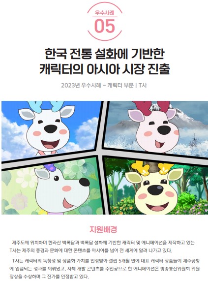 지원배경 제주도에 위치하며 한라산 백록담과 백록담 설화에 기반한 캐릭터 및 애니메이션을 제작하고 있는 T사는 제주의 풍경과 문화에 대한 콘텐츠를 아시아를 넘어 전 세계에 알려 나가고 있다. T사는 캐릭터의 독창성 및 상품화 가치를 인정받아 설립 5개월 만에 대표 캐릭터 상품들이 제주공항에 입점되는 성과를 이뤄냈고, 자체 개발 콘텐츠를 주인공으로 한 애니메이션은 방송통신위원회 위원 장상을 수상하며 그 진가를 인정받고 있다.