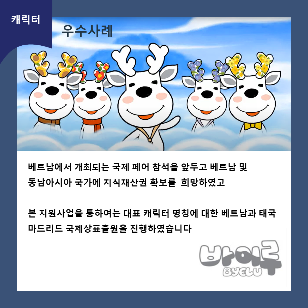 캐릭터 우수사례 베트남에서 개최되는 국제 페어 참석을 앞두고 베트남 및 동남아시아 국가에 지식재산권 확보를 희망하였고 본 지원사업을 통하여는 대표 캐릭터 명칭에 대한 베트남과 태국 마드리드 국제상표출원을 진행하였습니다 바이루 BYELU