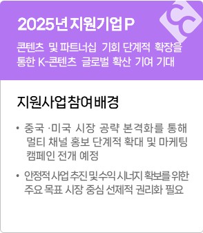 2025년 지원기업 P
콘텐츠 및 파트너십 기회 단계적 확장을 통한 K-콘텐츠 글로벌 확산 기여 기대
지원사업 참여배경
&middot; 중국&middot;미국 시장 공략 본격화를 통해 멀티 채널 홍보 단계적 확대 및 마케팅 캠페인 전개 예정
&middot; 안정적 사업 추진 및 수익 시너지 확보를 위한 주요 목표 시장 중심 선제적 권리화 필요