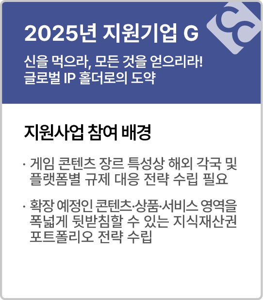 2025년 지원기업 G
통합 비즈니스 로드맵 제시를 통한 글로벌 IP 홀더로의 도약
지원사업 참여배경
&middot; 해외 각국 및 플랫폼별 규제 대응 전략 수립 필요
&middot; IP 활용 미디어 믹스 전략 추진을 통해 접점 다양화, 입체적 팬덤 경험 확장 진행 
&middot; 안정적 사업화 전략 실행을 위해 확장 영역을 뒷받침할 지식재산권 포트폴리오 전략 수립 필요
