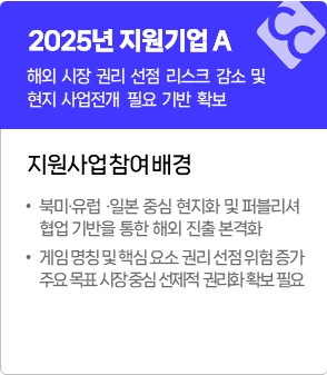 2025년 지원기업 A
선제적 권리화 완료를 통한 해외 시장 권리 선점 리스크 감소, 현지 사업 전개 필요 기반 확보
지원사업 참여배경
&middot; 북미&middot;유럽&middot;일본 중심 현지화 및 퍼블리셔 협업 기반을 통한 해외 진출 본격화
&middot; 게임 명칭 및 핵심 요소 권리 선점 위험 증가, 주요 목표 시장 중심 선제적 권리화 확보 필요