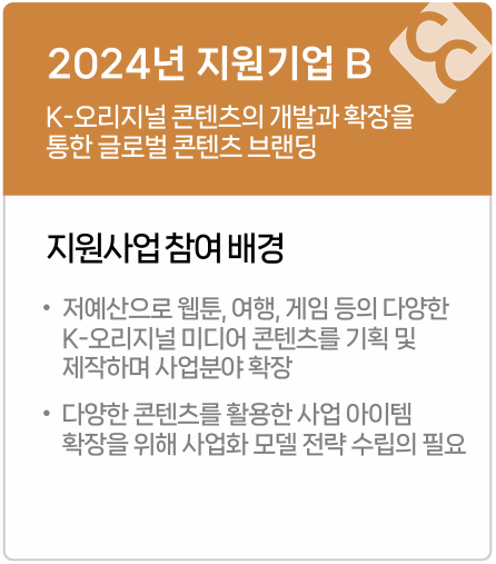 2024년 지원기업 B
K-오리지널 콘텐츠의 개발과 확장을
통한 글로벌 콘텐츠 브랜딩
•
지원사업 참여 배경
저예산으로 웹툰, 여행, 게임 등의 다양한 K-오리지널 미디어 콘텐츠를 기획 및
제작하며 사업분야 확장
다양한 콘텐츠를 활용한 사업 아이템
확장을 위해 사업화 모델 전략 수립의 필요